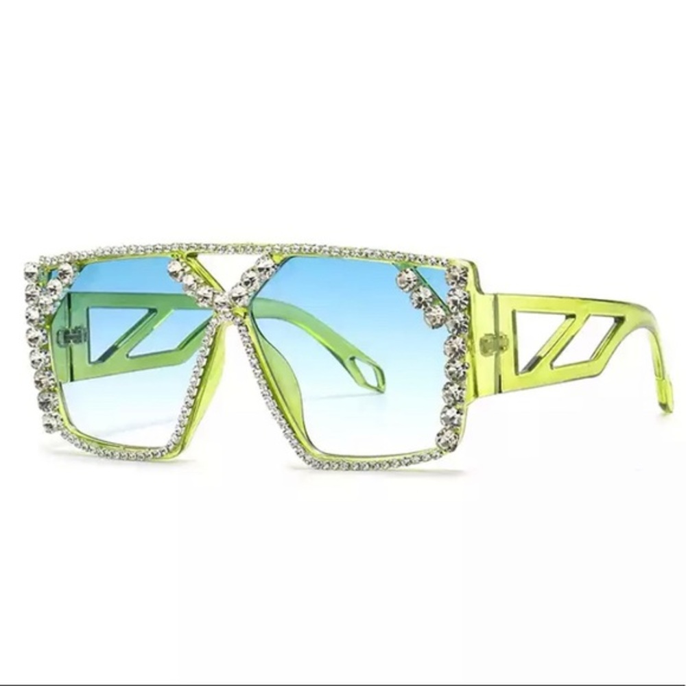 Retro bling flat top lime green faded blue lens fashion sunglasses